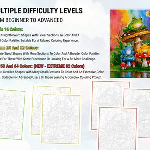 May include: Four different coloring pages featuring a whimsical illustration of frogs sitting on mushrooms. The pages are labeled with different difficulty levels: Simple 16 Colors, Medium 24 and 32 Colors, and Hard 50 and 64 Colors (NEW - EXTREME 82 Colors).