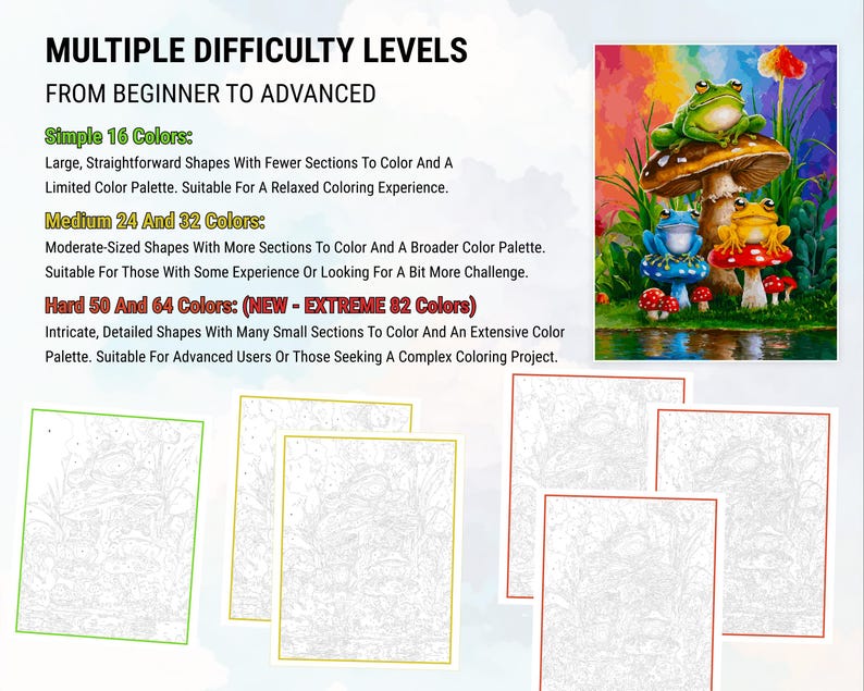 May include: Four different coloring pages featuring a whimsical illustration of frogs sitting on mushrooms. The pages are labeled with different difficulty levels: Simple 16 Colors, Medium 24 and 32 Colors, and Hard 50 and 64 Colors (NEW - EXTREME 82 Colors).