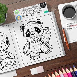 K&ouml;nnte beinhalten: Eine Schwarzwei&szlig;-Malvorlage mit einem Pandab&auml;ren und einem Dinosaurier. Der Buchumschlag ist rot und wei&szlig; mit dem Titel "Coloring Book For Kids SIMPLE" und der Zahl "50 PAGES".