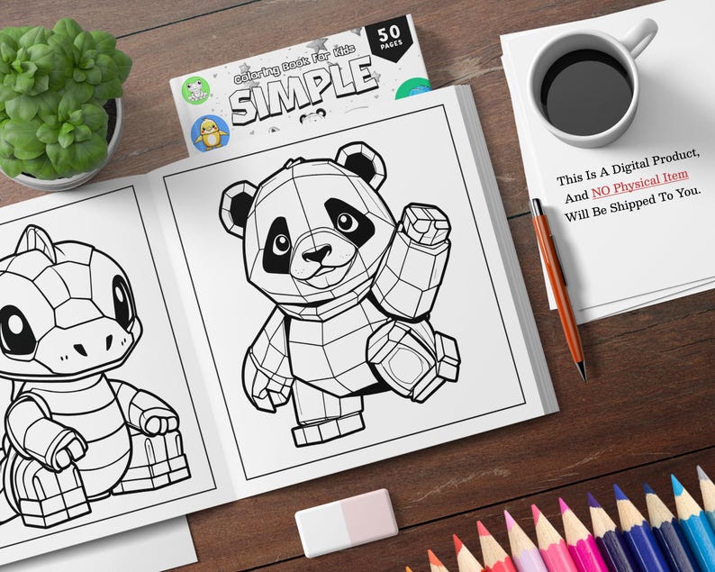 K&ouml;nnte beinhalten: Eine Schwarzwei&szlig;-Malvorlage mit einem Pandab&auml;ren und einem Dinosaurier. Der Buchumschlag ist rot und wei&szlig; mit dem Titel "Coloring Book For Kids SIMPLE" und der Zahl "50 PAGES".