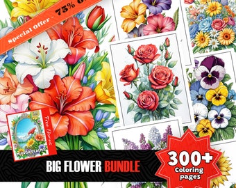 300+ Flowers Coloring Book, Big Bundle, Printable PDF, Botanical Flowers, Grayscale Coloring Pages for Adults and Kids, Instant Download