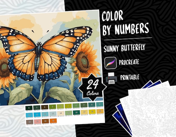 Butterfly Coloring Color by Numbers Digital Coloring Paint by Numbers Procreate Coloring Book iPad Coloring Page Floral Butterfly Coloring