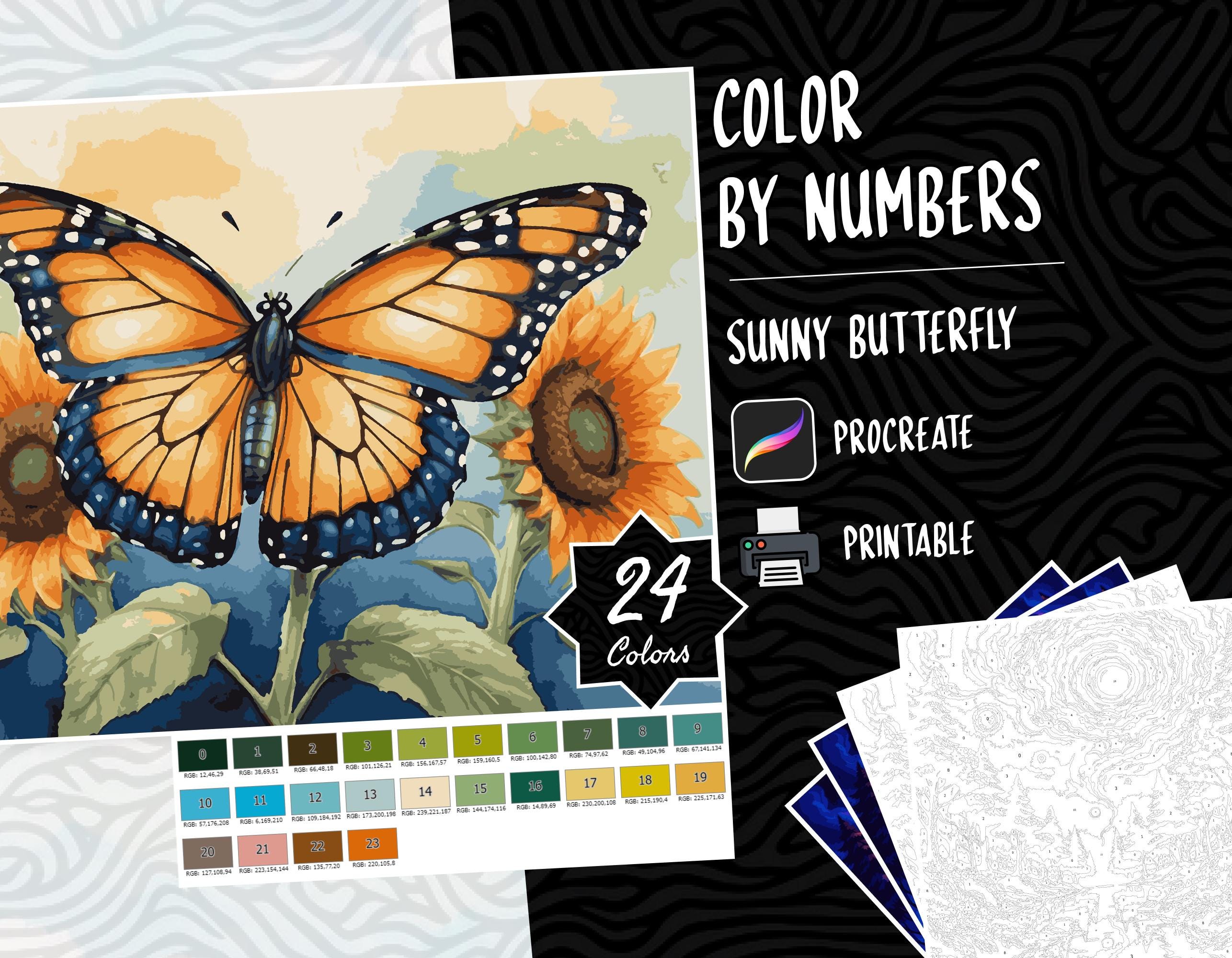 Mariposas por números – Páginas de colorear digitales para iPad, Procreate y PDF imprimible (Diseños florales)