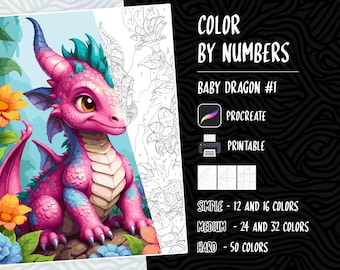 Può includere: Pagina da colorare con i numeri con un piccolo drago rosa con accenti blu. La pagina è intitolata "Baby Dragon #1" e include opzioni di difficoltà semplice, media e difficile.