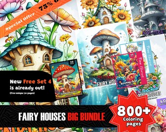 800+ Fairy Houses kleurboek, grote collectie, afdrukbare PDF, Fantasy Coloring, grijswaardenkleuren voor volwassenen en kinderen, Instant Download