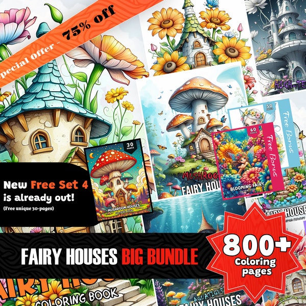 800+ Fairy Houses Coloring Book, Big Collection, Printable PDF, Fantasy Coloring, Grayscale Coloring for Adults and Kids, Instant Download