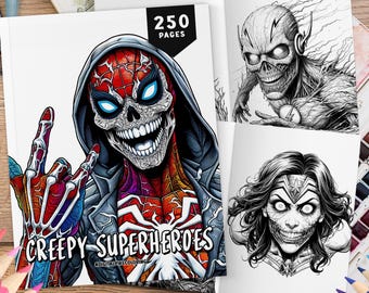 250 Creepy Superheroes Coloring Book BUNDLE, Comics Coloring, Superhero Coloring, Coloring Sheets, Creepy Coloring, Halloween Coloring Book
