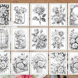 K&ouml;nnte beinhalten: Ein Set mit 12 druckbaren Malvorlagen mit Schwarzwei&szlig;-Illustrationen von Rosen in verschiedenen Arrangements. Die Rosen sind in Vasen, K&ouml;rben und G&auml;rten dargestellt.