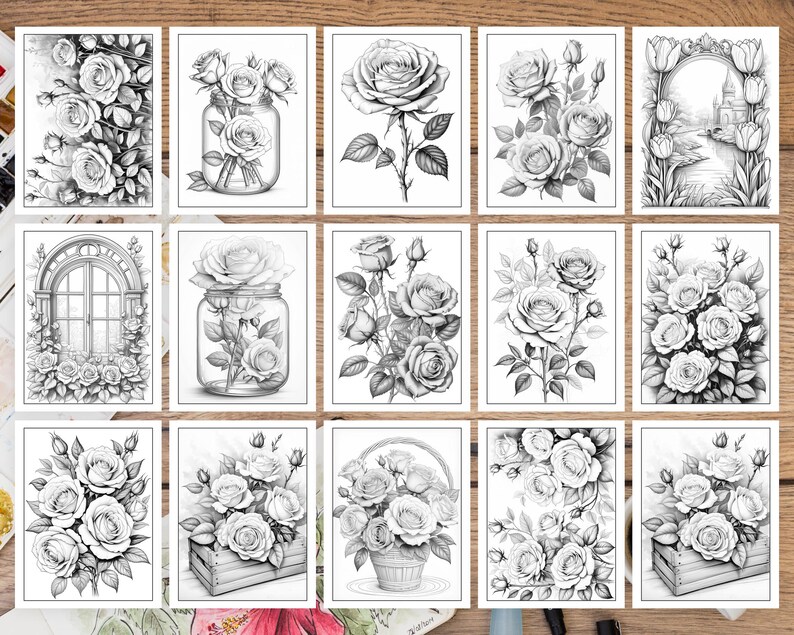 K&ouml;nnte beinhalten: Ein Set mit 12 druckbaren Malvorlagen mit Schwarzwei&szlig;-Illustrationen von Rosen in verschiedenen Arrangements. Die Rosen sind in Vasen, K&ouml;rben und G&auml;rten dargestellt.