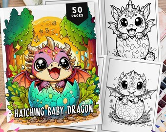 50 schlüpfende Baby-Drachen Malseiten für Erwachsene & Kinder, Malseiten, Fantasy Malbuch, Kawaii Färbung, süße Drachen zum ausmalen