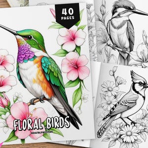 Könnte beinhalten: Ein Malbuch mit dem Titel "Floral Birds" mit 40 Seiten. Das Cover zeigt einen bunten Kolibri mit rosa Blumen. Im Inneren befinden sich Schwarz-Weiß-Illustrationen von Vögeln und Blumen, die zum Ausmalen bereit sind. Das Buch ist geöffnet und zeigt mehrere Seiten.