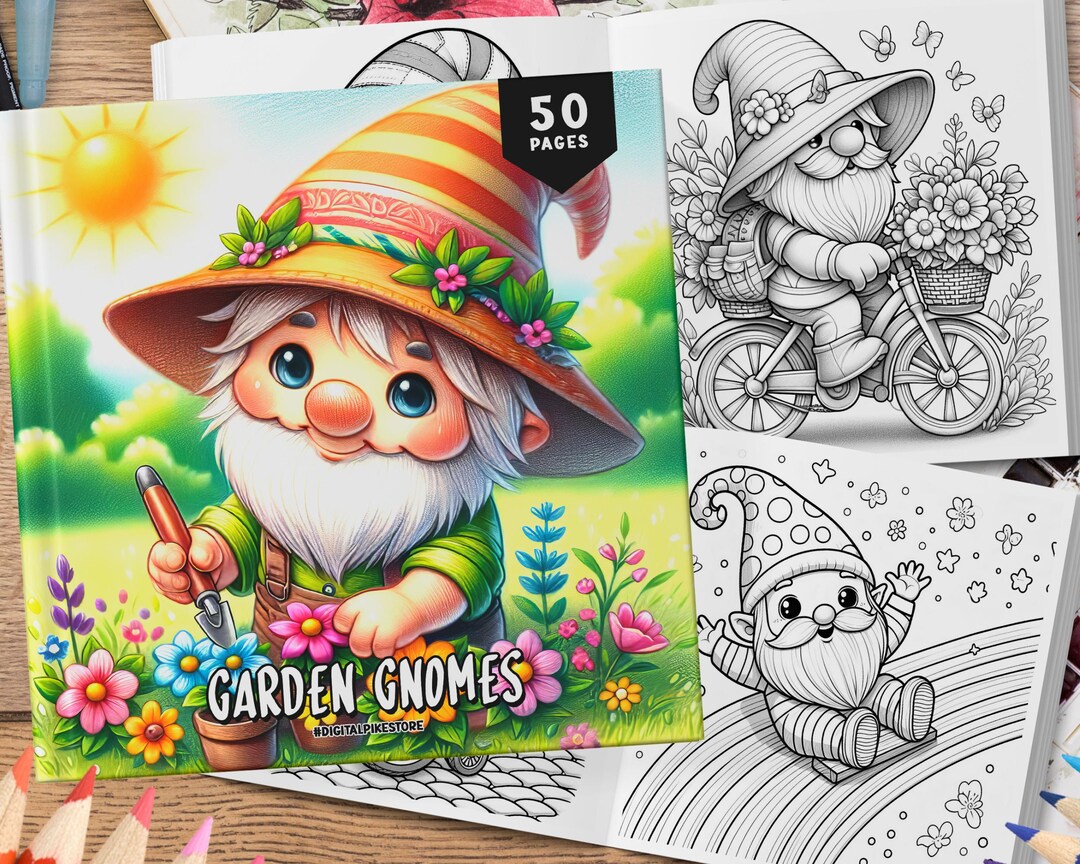 50 Garden Gnome Coloring Book, Coloring Sheets, Happy Gnome Coloring ...