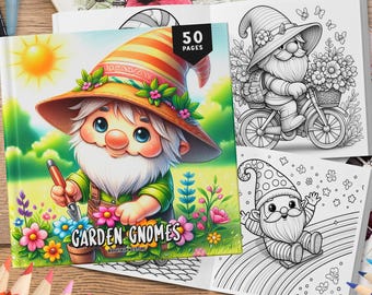 50 Garden Gnome Coloring Book, Coloring Sheets, Happy Gnome Coloring Book, Grayscale Coloring for Adults and Kids, Gnome Coloring Pages