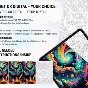 May include: A digital coloring page with a colorful galaxy and campfire scene. The image shows a tablet with the colored version of the page and a printed version of the page with numbers for coloring. The text on the page reads "PRINT OR DIGITAL - YOUR CHOICE! PRINT OR GO DIGITAL - IT'S UP TO YOU! Multiple Formats: Your Purchase Includes PNG, PDF, And SVG Files. Choose The One That Best Suits Your Needs. Print: PDF Files Are Perfect For Printing At Home. If Numbers Are Too Small, Use The Poster Option To Print In A 2x2 Grid For Larger, Easier-To-Read Sections. Digital Coloring: Use Your IPad Or Any Digital Device With Apps That Support These Formats To Color On The Go. ALL NEEDED INSTRUCTIONS INSIDE"