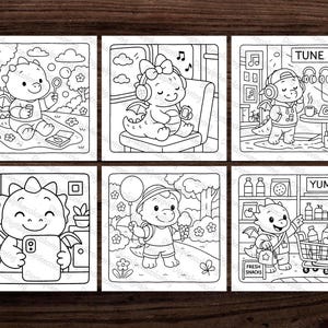 Op de afbeelding: Set van zes zwart-wit illustraties met schattige cartoon draken in verschillende sc&egrave;nes. Een draak blaast bellen, een ander luistert naar muziek en een derde is aan het winkelen. De tekst "TUNE IN" en "YUM!" zijn zichtbaar.