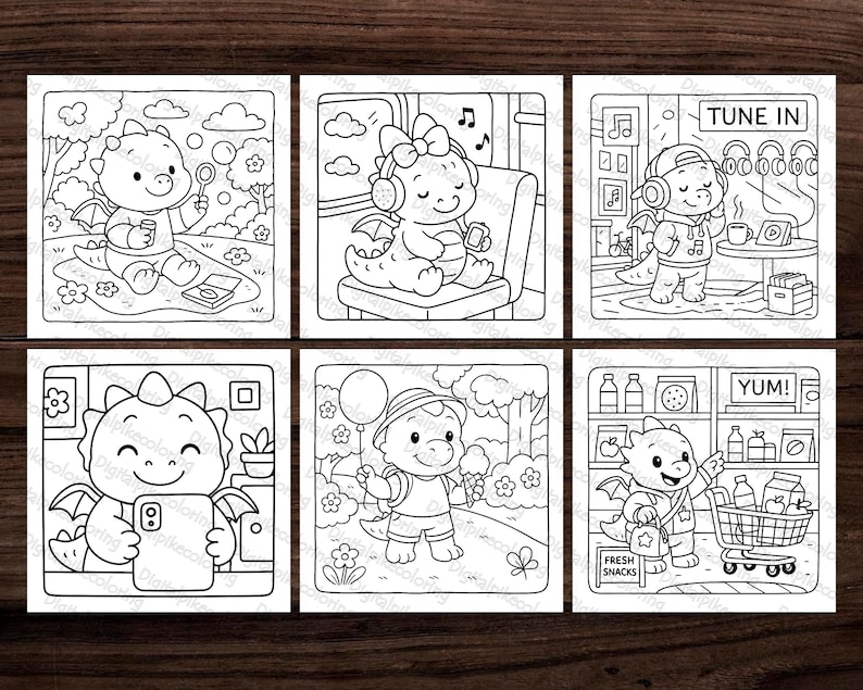 Op de afbeelding: Set van zes zwart-wit illustraties met schattige cartoon draken in verschillende sc&egrave;nes. Een draak blaast bellen, een ander luistert naar muziek en een derde is aan het winkelen. De tekst "TUNE IN" en "YUM!" zijn zichtbaar.