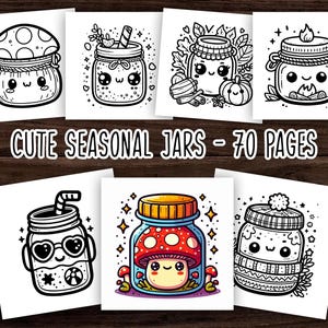 Pode incluir: Ilustrações em preto e branco de lindos frascos de temporada com diferentes designs. O texto "Cute Seasonal Jars - 70 Pages" está na parte inferior da imagem.