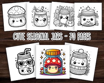 May include: Black and white line art illustrations of cute seasonal mason jars with different designs. The text "Cute Seasonal Jars - 70 Pages" is at the bottom of the image.