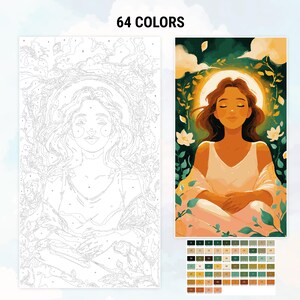 K&ouml;nnte beinhalten: Ein Malen-nach-Zahlen-Set mit einer Frau, die die Augen geschlossen hat und von Blumen und Gr&uuml;n umgeben ist. Das Bild ist in einem hellen, luftigen Stil mit sanften Farben gehalten. Das Set enth&auml;lt 64 Farben.