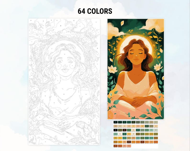 K&ouml;nnte beinhalten: Ein Malen-nach-Zahlen-Set mit einer Frau, die die Augen geschlossen hat und von Blumen und Gr&uuml;n umgeben ist. Das Bild ist in einem hellen, luftigen Stil mit sanften Farben gehalten. Das Set enth&auml;lt 64 Farben.