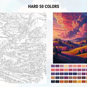以下が含まれることがあります： 丘陵、夕焼けの空、花畑の風景を描いた、番号で塗る絵の具セットです。このセットには50色が入っており、「HARD」と表示されています。