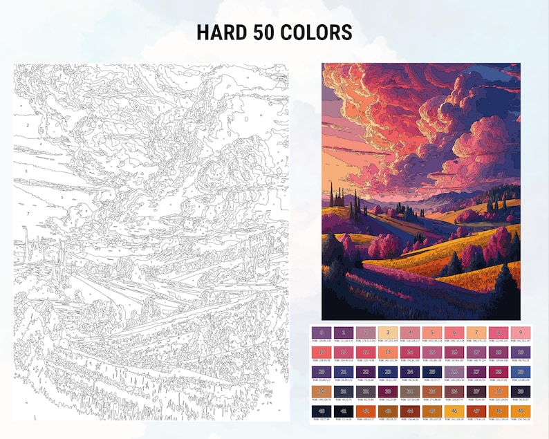 以下が含まれることがあります： 丘陵、夕焼けの空、花畑の風景を描いた、番号で塗る絵の具セットです。このセットには50色が入っており、「HARD」と表示されています。