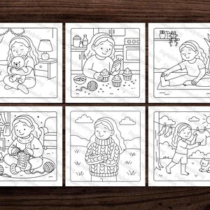 May include: Six black and white illustrations depicting a young person in different scenarios. The scenes show activities such as holding a teddy bear, baking, stretching, knitting, wearing a sweater, and hanging laundry.