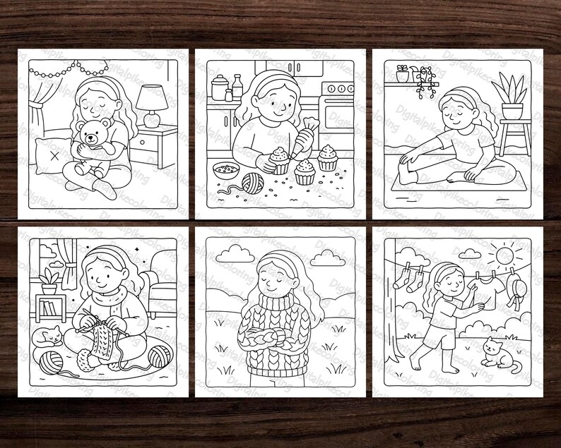 May include: Six black and white illustrations depicting a young person in different scenarios. The scenes show activities such as holding a teddy bear, baking, stretching, knitting, wearing a sweater, and hanging laundry.