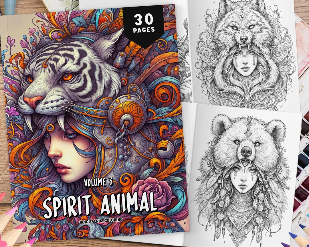 30 Spirit Animal Coloring Book Volume 3, Grayscale Coloring Pages ...