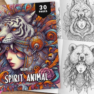 30 Spirit Animal Coloring Book Volume 3, Grayscale Coloring Pages, Coloring Sheets, Fantasy Coloring, Animal Coloring Book, Instant Download