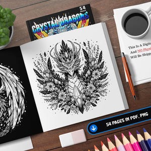 Puede incluir: Un libro para colorear en blanco y negro con un drag&oacute;n de cristal con detalles florales. La portada del libro dice "Crystal Dragons" y "54 Pages".