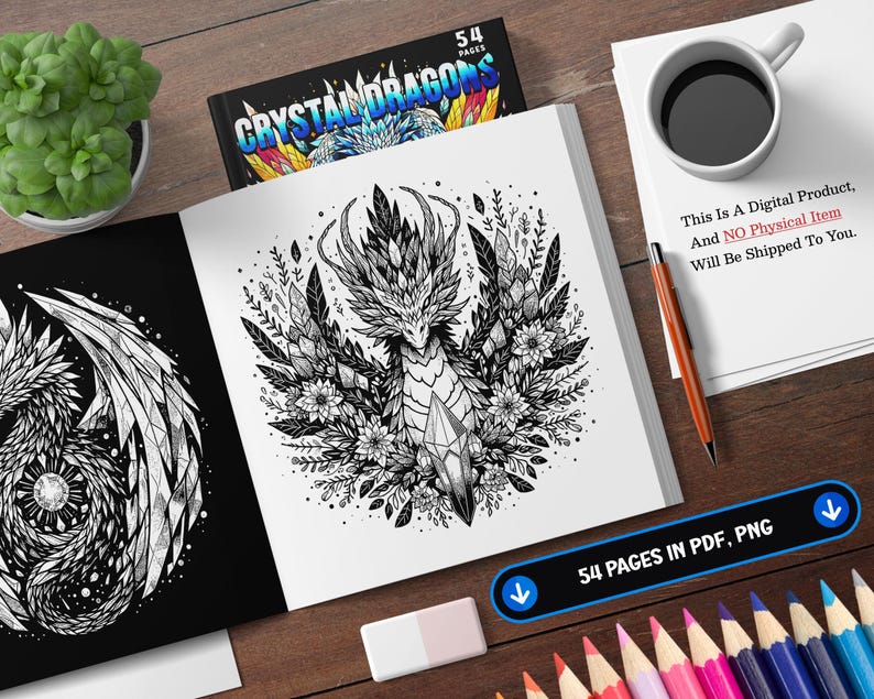 Puede incluir: Un libro para colorear en blanco y negro con un drag&oacute;n de cristal con detalles florales. La portada del libro dice "Crystal Dragons" y "54 Pages".
