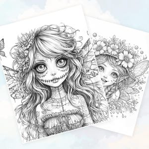 May include: Black and white line art illustration of two fairies. One fairy has a skull-like face with flowers in her hair and wings. The other fairy has a more traditional fairy face with flowers in her hair and wings.