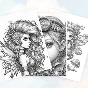 May include: Three black and white illustrations of fairies. The first fairy has a punk rock style with a large wing and a fierce expression. The second fairy has a steampunk style with a clockwork hat and a delicate face. The third fairy has a whimsical style with a flower crown and a small, delicate wing.