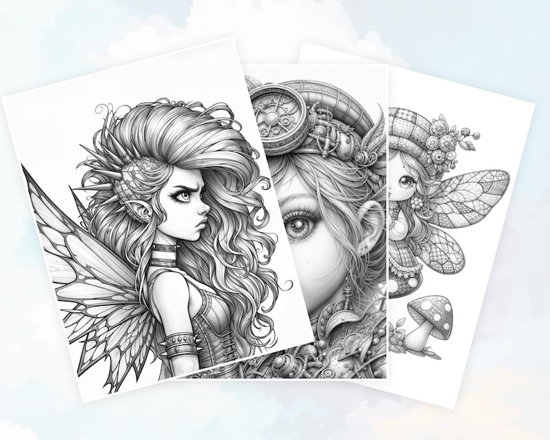 May include: Three black and white illustrations of fairies. The first fairy has a punk rock style with a large wing and a fierce expression. The second fairy has a steampunk style with a clockwork hat and a delicate face. The third fairy has a whimsical style with a flower crown and a small, delicate wing.