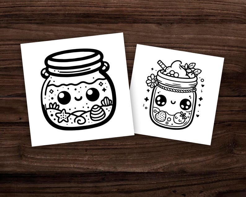 Puede incluir: Dos dibujos en blanco y negro de tarros de cristal con caras bonitas. El primer tarro tiene una concha, una estrella de mar y algas marinas en su interior. El segundo tarro tiene un remolino de nata montada y fresas en su interior.