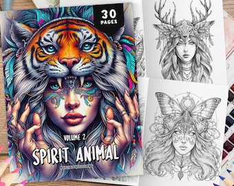 30 Spirit Animal Coloring Book Volume 2, Grayscale Coloring Pages, Coloring Sheets, Fantasy Coloring, Animal Coloring Book, Instant Download