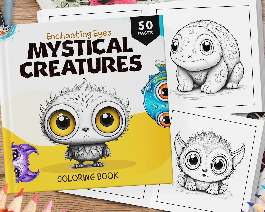 50 Mystical Creatures Coloring Book, Coloring Sheets, Grayscale ...