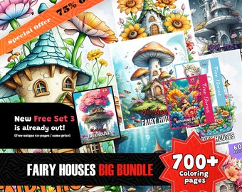 700+ Fairy Houses kleurboek, grote collectie, afdrukbare PDF, Fantasy Coloring, grijswaardenkleuren voor volwassenen en kinderen, Instant Download