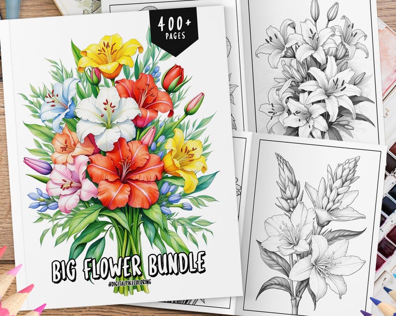 May include: A digital coloring book bundle featuring a bouquet of colorful flowers, including red, yellow, pink, and white flowers. The cover of the book says "Big Flower Bundle" and "400+ Pages".