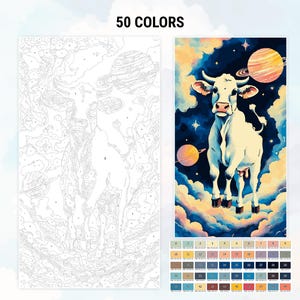 May include: A paint-by-numbers kit featuring a white cow standing on clouds in a starry sky with planets. The kit includes 50 colors.
