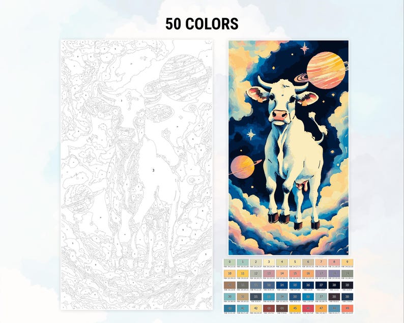 May include: A paint-by-numbers kit featuring a white cow standing on clouds in a starry sky with planets. The kit includes 50 colors.
