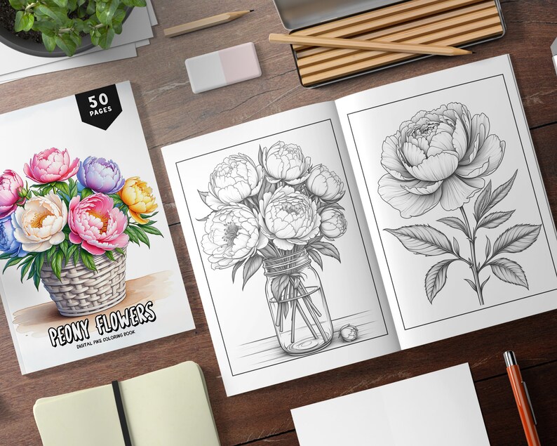 May include: A coloring book with 50 pages featuring black and white illustrations of peonies. The cover shows a bouquet of peonies in a basket and the title "PEONY FLOWERS DIGITAL FINE COLORING BOOK".