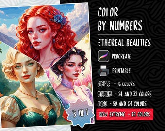 Colorear por números, páginas para colorear digitales, pintar por números, libro para colorear Procreate, libro para colorear para adultos, bellezas para colorear, mujeres para colorear
