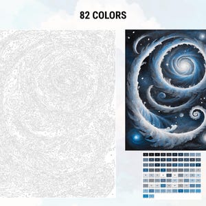 Pu&ograve; includere: Un kit di pittura per numeri che presenta una galassia vorticosa con nuvole bianche e colori blu e neri. Il kit include 82 colori.