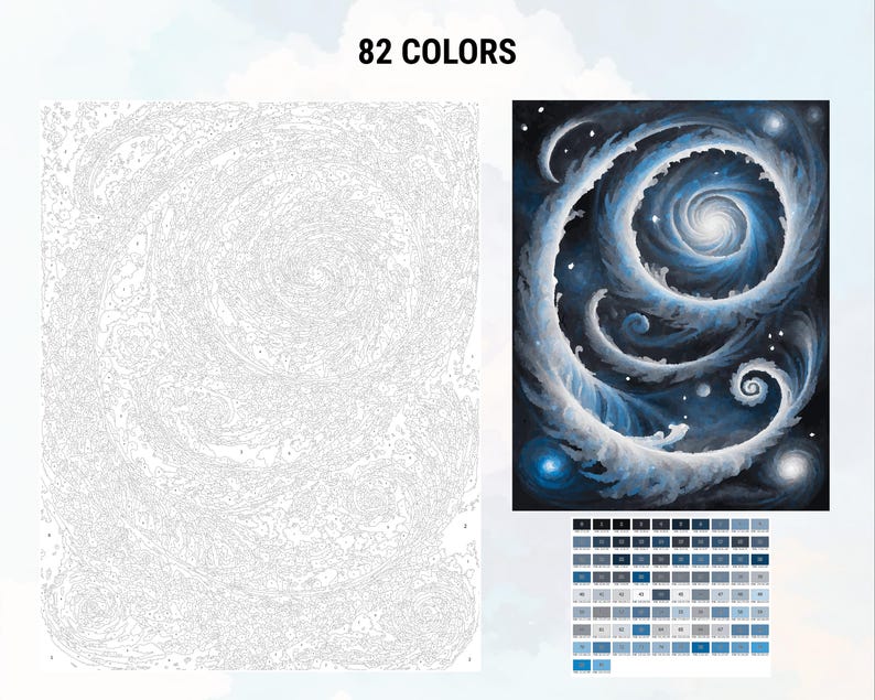 Pu&ograve; includere: Un kit di pittura per numeri che presenta una galassia vorticosa con nuvole bianche e colori blu e neri. Il kit include 82 colori.