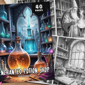 Może przedstawiać: Książka do kolorowania z 40 stronami przedstawiająca ilustrację zaczarowanego sklepu z eliksirami. Sklep jest wypełniony kolorowymi butelkami eliksirów i dużym oknem z widokiem na śnieżny pasmo górskie. Tekst "Enchanted Potion Shop" jest napisany fantazyjnym fontem.
