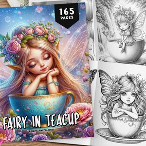 Könnte beinhalten: Ein Malbuch mit dem Titel "Fairy in Teacup" mit einer Cover-Illustration einer Fee in einer Teetasse. Die Fee hat lange blonde Haare, einen Blumenkranz und Schmetterlingsflügel. Das Buch hat 165 Seiten und ist von bunten Blumen umgeben.