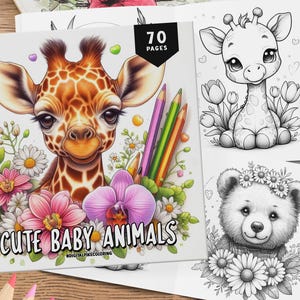 70 süsse Baby Tiere Malbuch, Ausmalbilder von Tieren Malseiten Entzückende Färbung für Erwachsene und Kinder Kawaii Tier Art Book