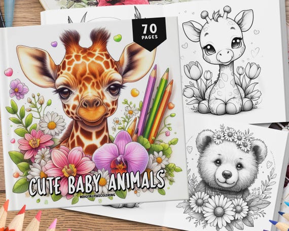 70 Cute Baby Animal Coloring Book Cute Animal Coloring Pages Coloring Sheets Adorable Coloring for Adults and Kids Kawaii Animal Art Book